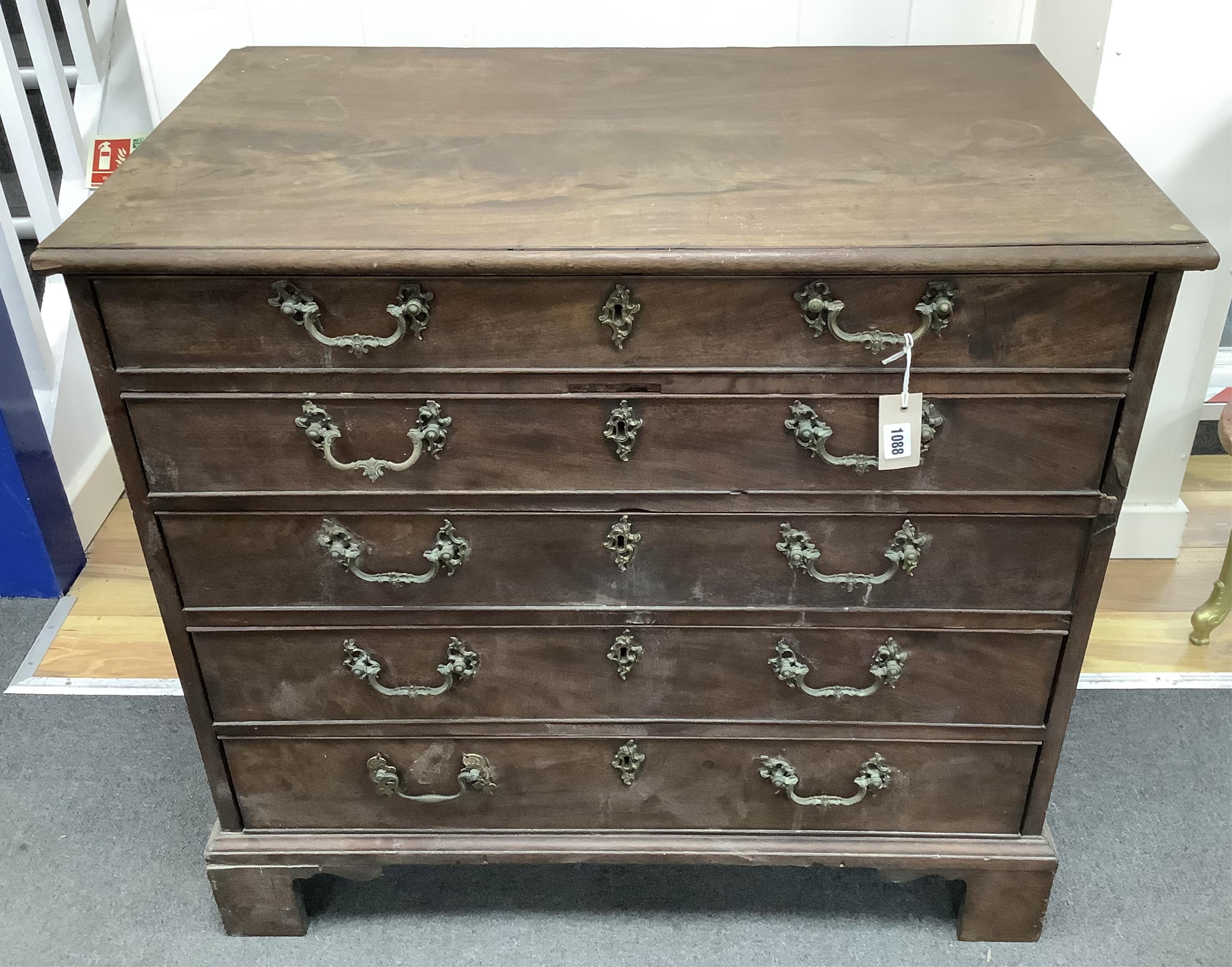 A small George III mahogany five drawer chest, width 91cm, depth 55cm, height 84cm. Condition - in need of restoration